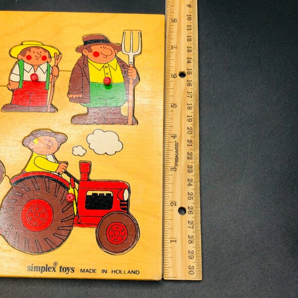 Vintage 70s SIMPLEX TOYS Wood Tray Puzzle: Farmer & Animals, Made in Holland - Picture 9 of 10